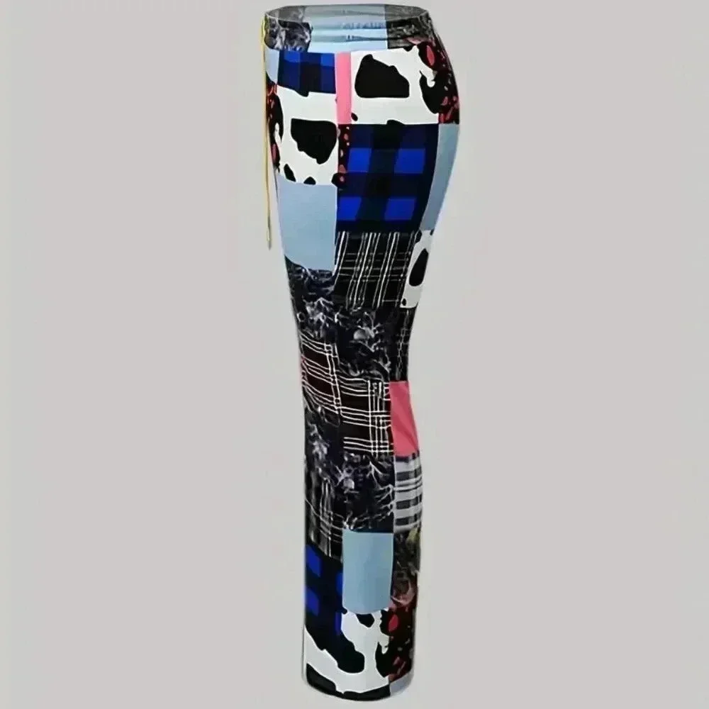 Plus Size Patchwork Print Elastic Drawstring Pants (Color: Multicolor) - Picture 3 of 3